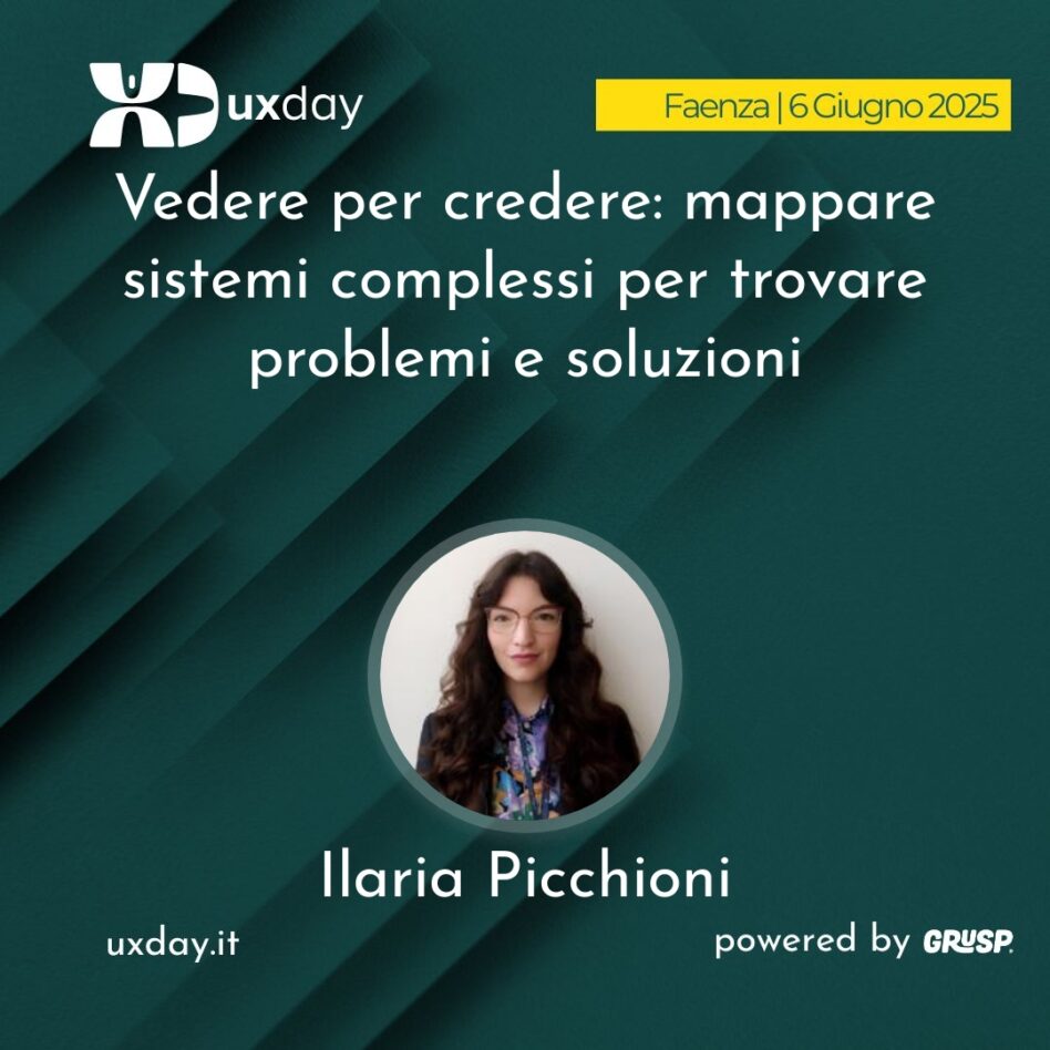 "Vedere per credere: mappare sistemi complessi per trovare problemi e soluzioni" è il talk di Ilaria Picchioni. uxday Faenza, 6 Giugno 2025.